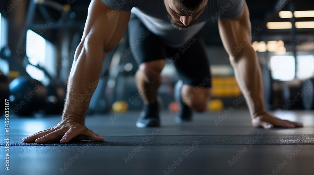 Close-up view of a muscular man's arms and hands as he prepares for a workout, low to the ground in a gym setting. The focus is on his powerful physique and determination. : Generative AI Close-up view of a muscular man's arms and hands as he prepares for a workout, low to the ground in a gym setting. The focus is on his powerful physique and determination. : Generative AI
