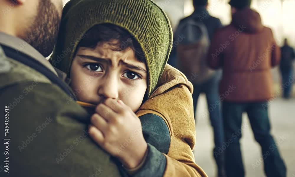 father tightly hugs his child as the fear of deportation looms. The painful separation of immigrants highlights the struggles faced by families seeking a better future in a foreign land.  Muslim famil