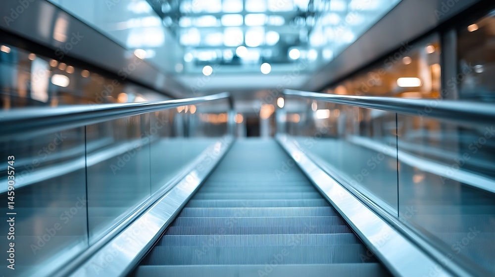 Obraz premium Modern escalator in a bright shopping mall, showcasing sleek metallic rails and glass panels, leading upwards towards a blurred background of shops and lights. : Generative AI