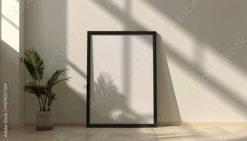 Blank frame mockup leaning on white wall in modern interior with decoration