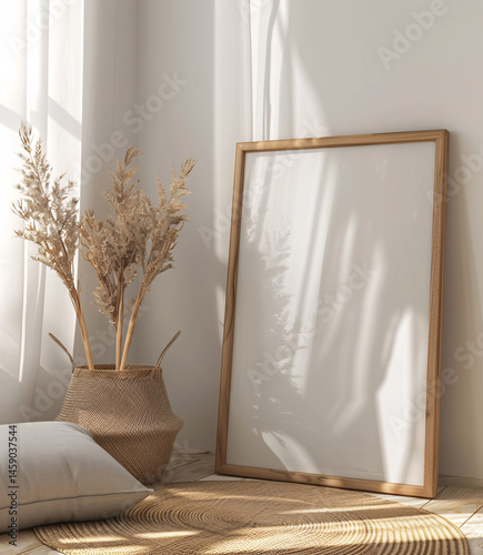 Blank frame mockup leaning on white wall in modern interior with decoration