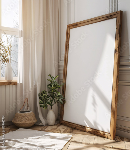 Blank frame mockup leaning on white wall in modern interior with decoration