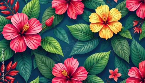 Wallpaper Mural Bold hibiscus & tropical foliage, vibrant repeat, illustration, design Torontodigital.ca