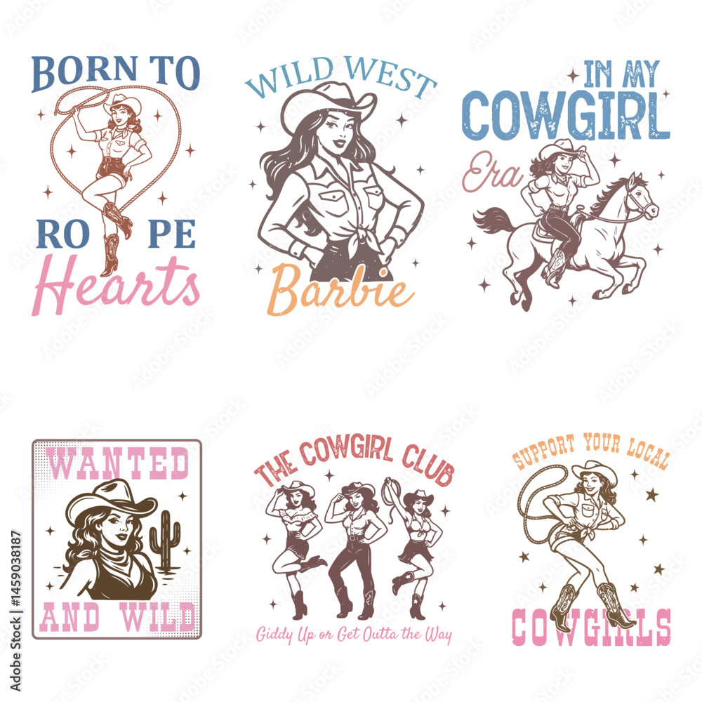 Fototapeta premium Vintage Western CowGirl set - Western Cowgirl Typography T-Shirt Vector, Vintage Western Cowgirl Design Sublimation, Vintage Western Pinup illustration 