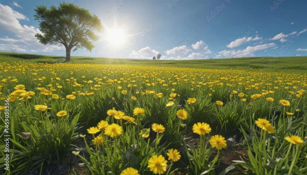 Fototapeta premium Sunny day, vibrant yellow dandelions in green field, clear blue sky, color, dandelions