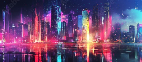 A vibrant futuristic cityscape reflected in a shimmering water, illuminated by neon lights. photo