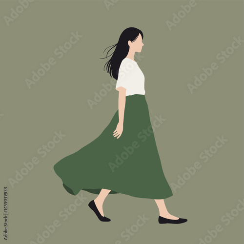 Woman in green skirt walking, side profile illustration