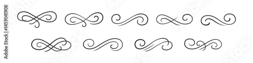 Vintage flourish ornament vector line calligraphic set. Classic swirly strokes in thin style