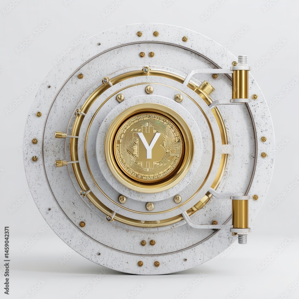 Naklejka premium Digital cryptocurrency coin in a secure vault setting with gold accents