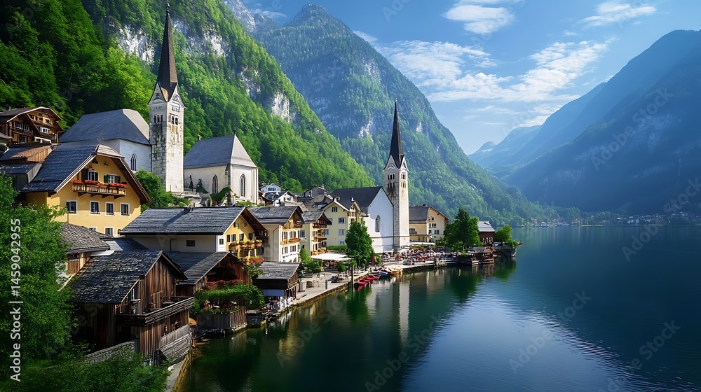 Naklejka premium Hallstatt Village Lakeside Serenity: Austrian Alps' Picturesque Charm