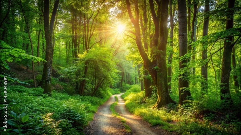 Fototapeta premium path meandering through forest, trees foliage lush green, greenery foliage natural scenery, sun casting dappled light