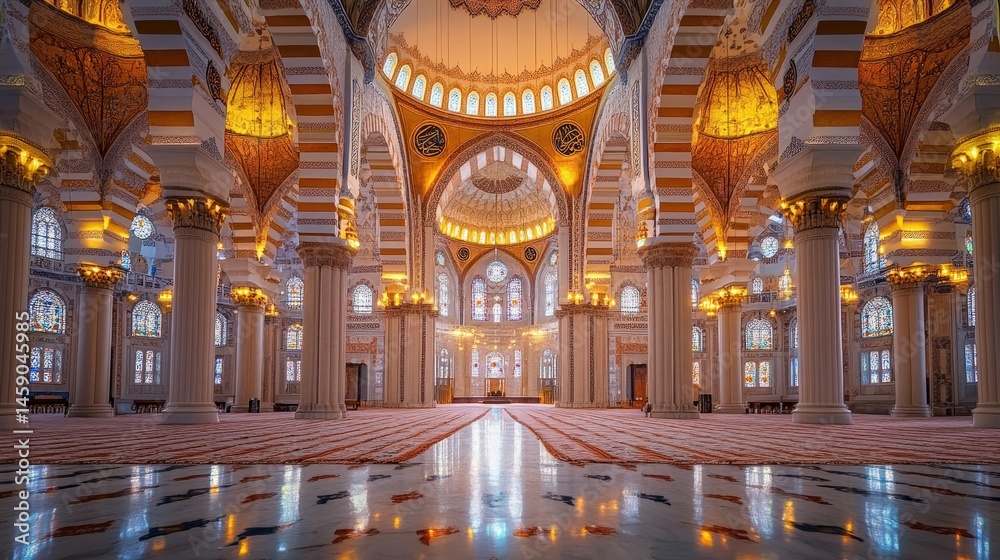 Obraz premium symmetrical view of a mosque interior, highlighting its artistic balance and sacred atmosphere.