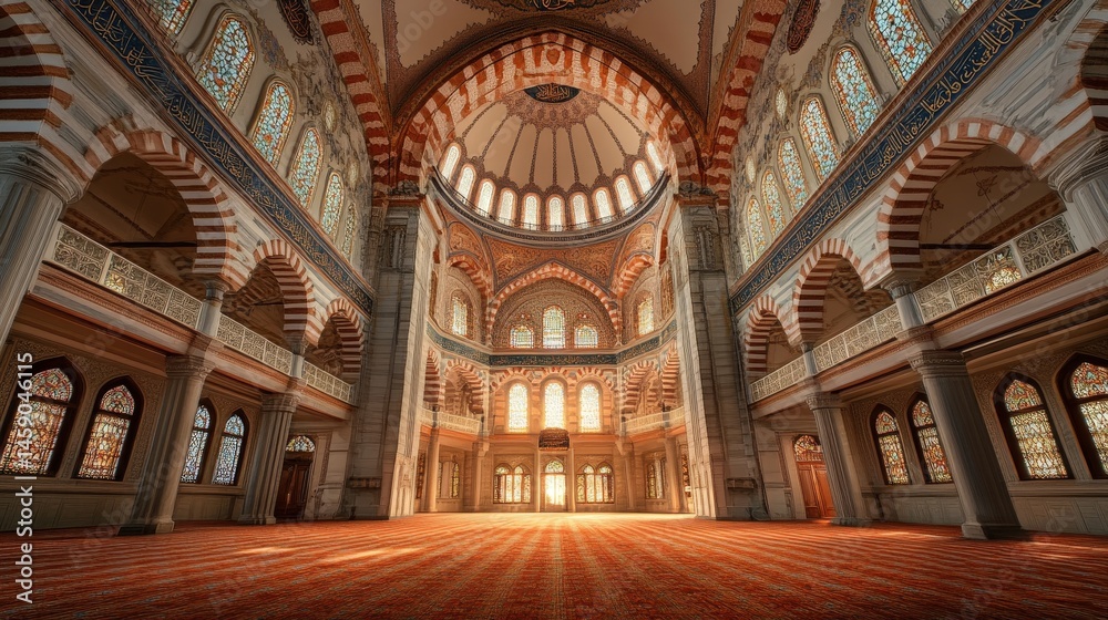 Obraz premium symmetrical view of a mosque interior, highlighting its artistic balance and sacred atmosphere.