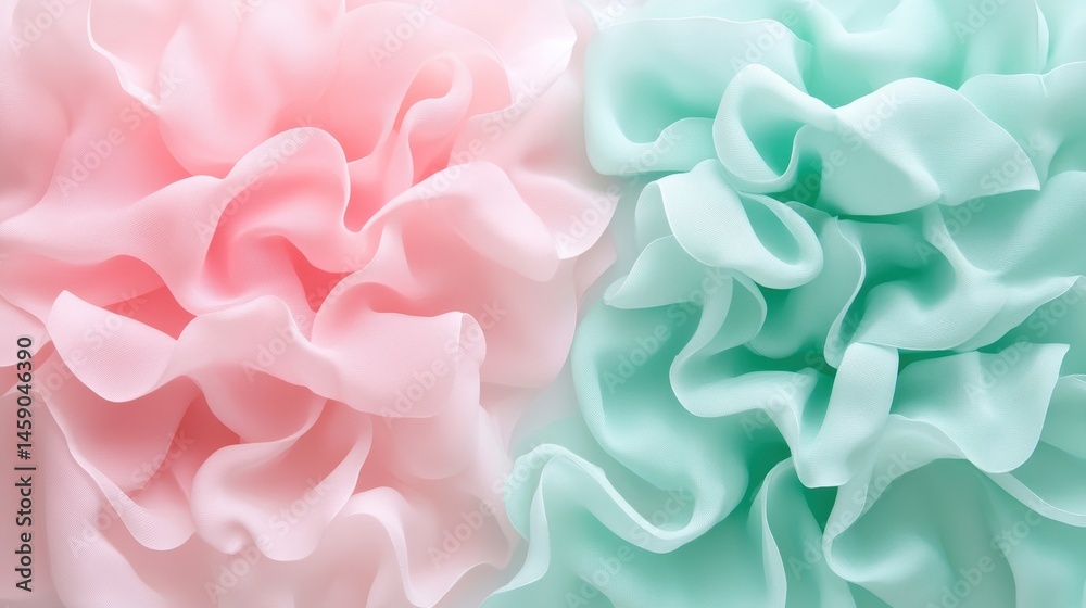 Fototapeta premium Delicate Pink and Mint Green Ruffled Textiles with Soft Flowing Fabric Layers for Elegant Background or Decorative Use