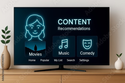 Content Recommendation. A TV screen showing AI-generated entertainment recommendations for movies, music, and comedy.