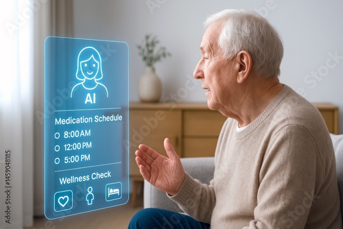AI Elder Care. An elderly man speaking to a virtual assistant displaying his medication and wellness schedule.