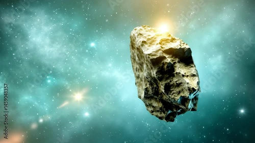 Asteroid floating and rotating in deep space with glowing stars and nebulae