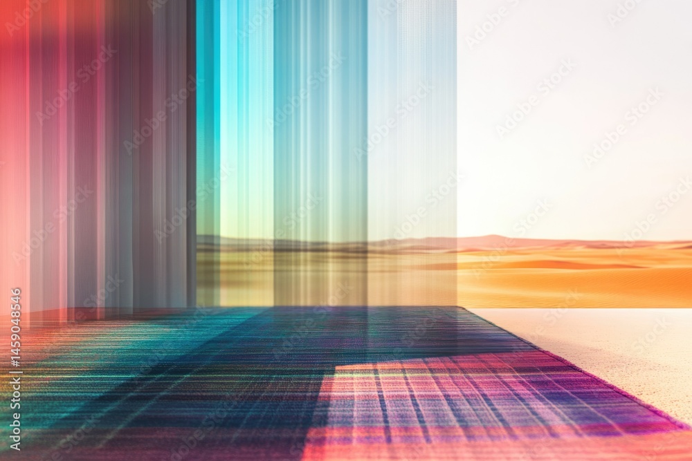 Abstract art depicting a desert landscape viewed through colorful, vertical lines suggesting curtains or blinds. Abstract art depicting a desert landscape viewed through colorful, vertical lines suggesting curtains or blinds.