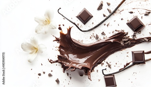 Melted chocolate splash with vanilla beans and flowers