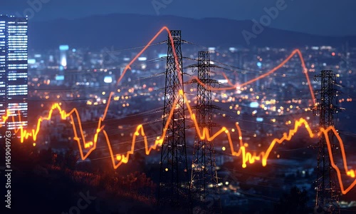 A digital display showing an electric power grid with colorful graphs and data points, representing the dynamic nature of energy market trends and consumption.