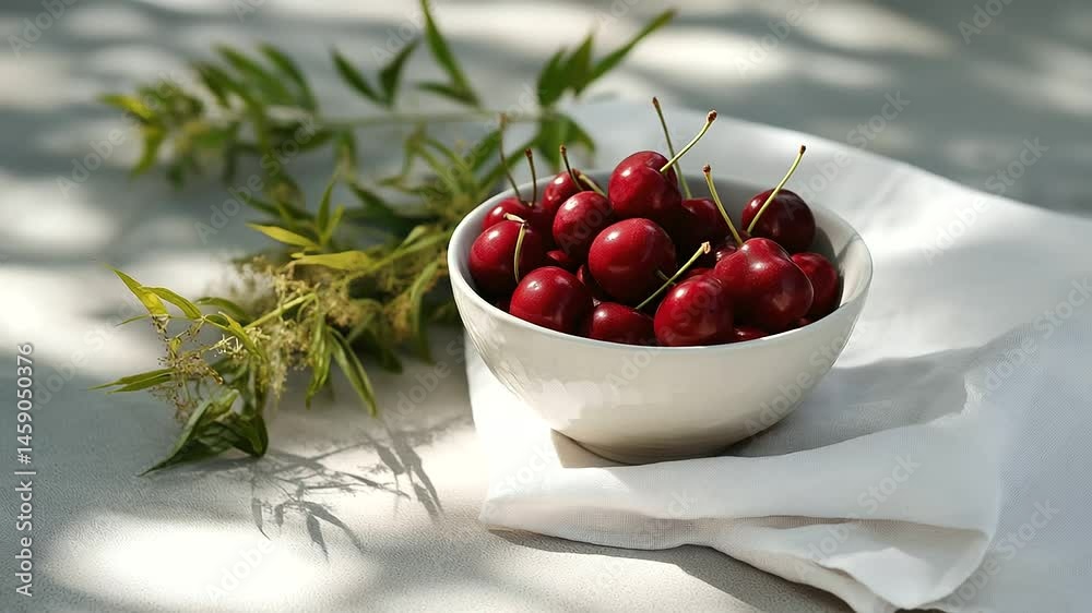 Bowl of ripe cherries on a white linen napkin on an outdoor table