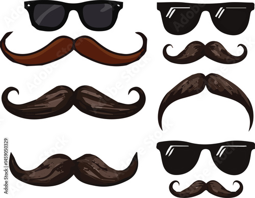 Create a Mustaches, Beard and Sunglasses style set with white background.