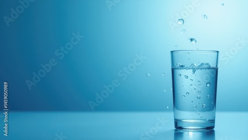 Water Purifier. Pure Life Begins. Product ad banner copy text. Glass of water emits bubbly life, symbolizing purified existence and fresh start for pure living.
