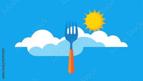 Sky Dining Experience An oversized fork with a shiny metallic finish hovers in a bright blue sky filled with fluffy white clouds. The fork towering in scale is angled delicately as