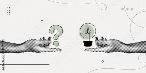 Trendy Halftone Collage Problem solving concept. Two hands hold lightbulb and question mark. Business solution. Creative mind or brainstorm. Ask for reply. Contemporary vector illustration art