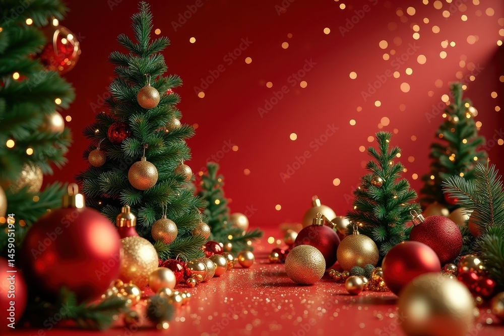 Fototapeta premium Winter festive magic. Christmas tree decorated with red and gold baubles beside scattered ornaments on festive red background for holiday celebration greeting card winter season joy