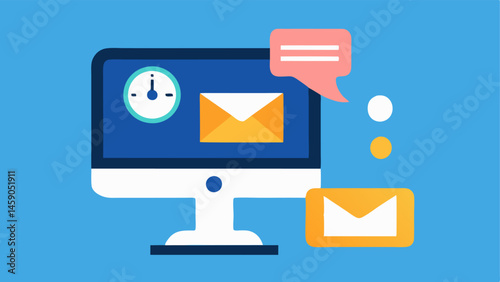 Email Scheduling An image of a digital assistant drafting an email on a desktop with a timer icon indicating a scheduled send time for messages.