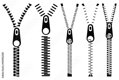Zipper tool icon vector set. Closed and open zip icon set. Icon for fashion cloth, embroidery and textile symbol, fastener, sewing tools for clothes and bags. Vector illustration.