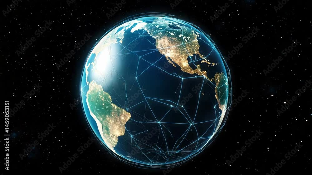 Digital globe network connection over earth showing bright digital technology cities at night