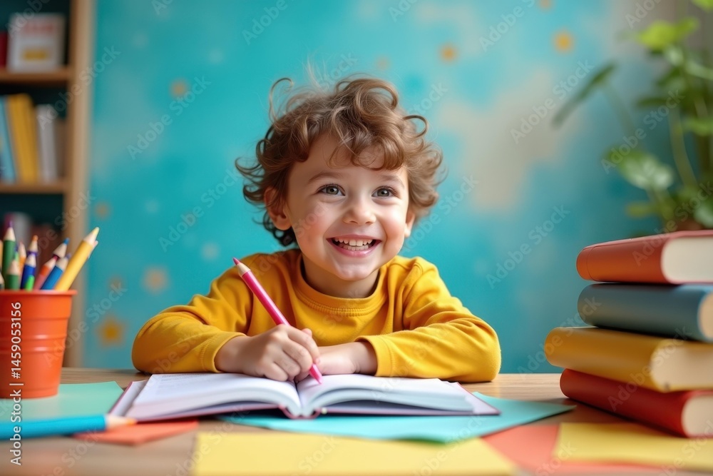 Joyful Young Writer. Happy curly boy in yellow shirt writing in notebook at colorful desk, studying or learning at home, education concept, bright room with blue wall, cheerful atmosphere, childhood Joyful Young Writer. Happy curly boy in yellow shirt writing in notebook at colorful desk, studying or learning at home, education concept, bright room with blue wall, cheerful atmosphere, childhood