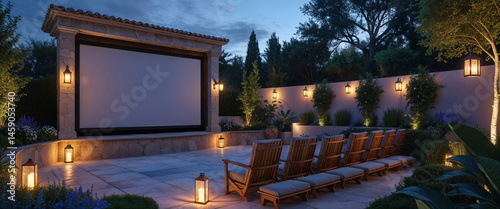 Outdoor home cinema setup with stone structure and comfortable seating at dusk photo