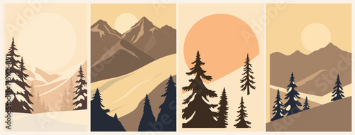 Set of different mountain scenes with a sun in the background. The sun is in the middle of the top right picture