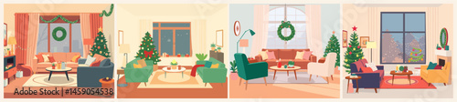 Set of lining room interiors with Christmas decorations, Christmas tree. Colorful vector illustrations