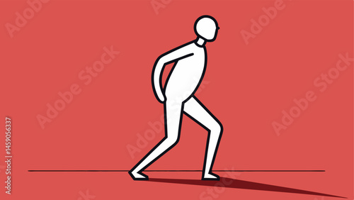 Static Posture with Dynamic Shadow An outline of a person standing upright with a curious expression their feet rooted to the ground. The shadow however has its leg raised as if