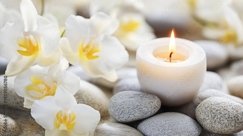 Serene spa setting with white orchids, a lit candle, and smooth grey stones, creating a peaceful and relaxing atmosphere. : Generative AI Serene spa setting with white orchids, a lit candle, and smooth grey stones, creating a peaceful and relaxing atmosphere. : Generative AI