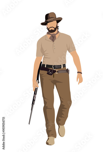 Cowboy with gun. Handsome man in cowboy hat. Wild west concept. Hand drawn cartoon style vector illustration isolated on white background. 