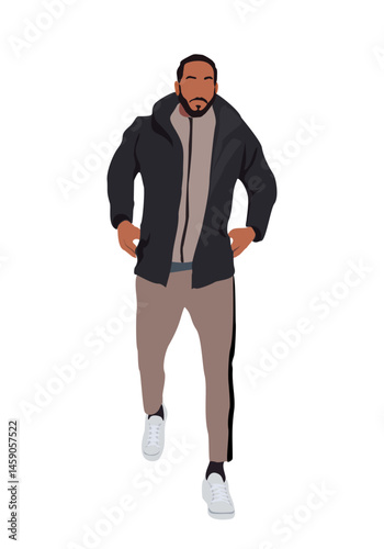Stylish young man wearing modern street style fashion outfit standing . Handsome guy in fashionable autumn or summer clothes. Cartoon male character vector realistic illustration isolated.