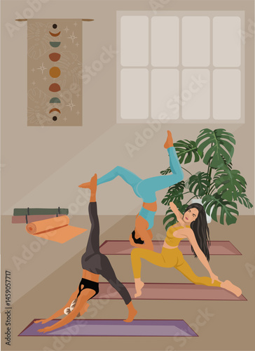 Set of people doing yoga practice in yoga studio or yoga class. Young sporty beautiful girl wearing sport outfit in different yoga  poses. Aerobics , training, fitness activity. Vector illustration.