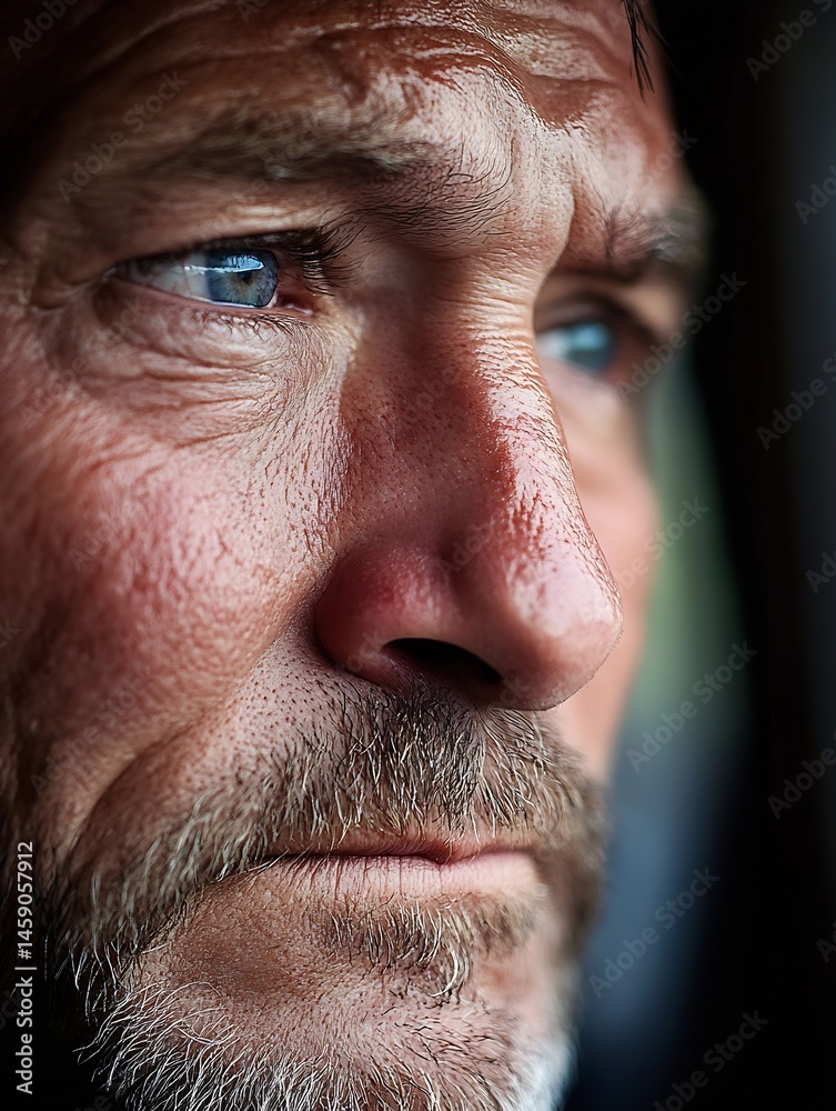 Obraz premium Close-up portrait of a mature man with blue eyes, weathered skin, and a graying goatee, gazing pensively off-camera. : Generative AI