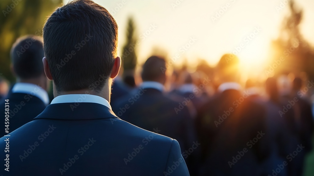 Obraz premium A businessman in a dark suit stands with his back to the camera, observing a large crowd silhouetted against a vibrant sunset. : Generative AI