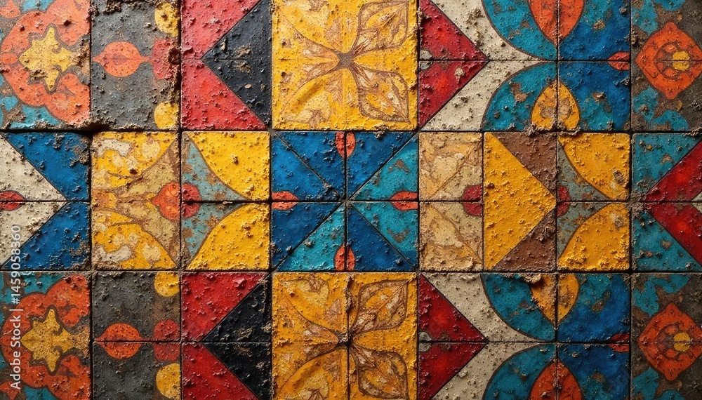 Repeating geometric tile design on a weathered wall , close-up, design Repeating geometric tile design on a weathered wall , close-up, design