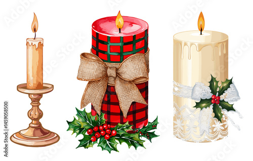Three candles with red and green plaid bows on them. The candles are lit and surrounded by holly berries