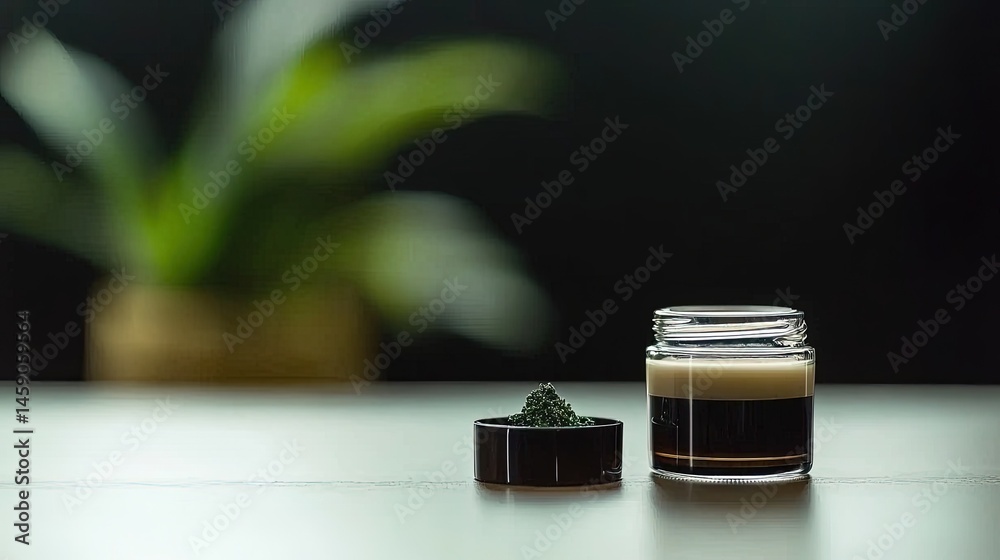 Close-up of a dark cosmetic jar and powder. Close-up of a dark cosmetic jar and powder.