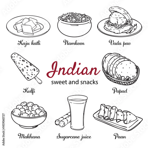 Set of hand drawn Indian sweet and snack outline drawing illustration