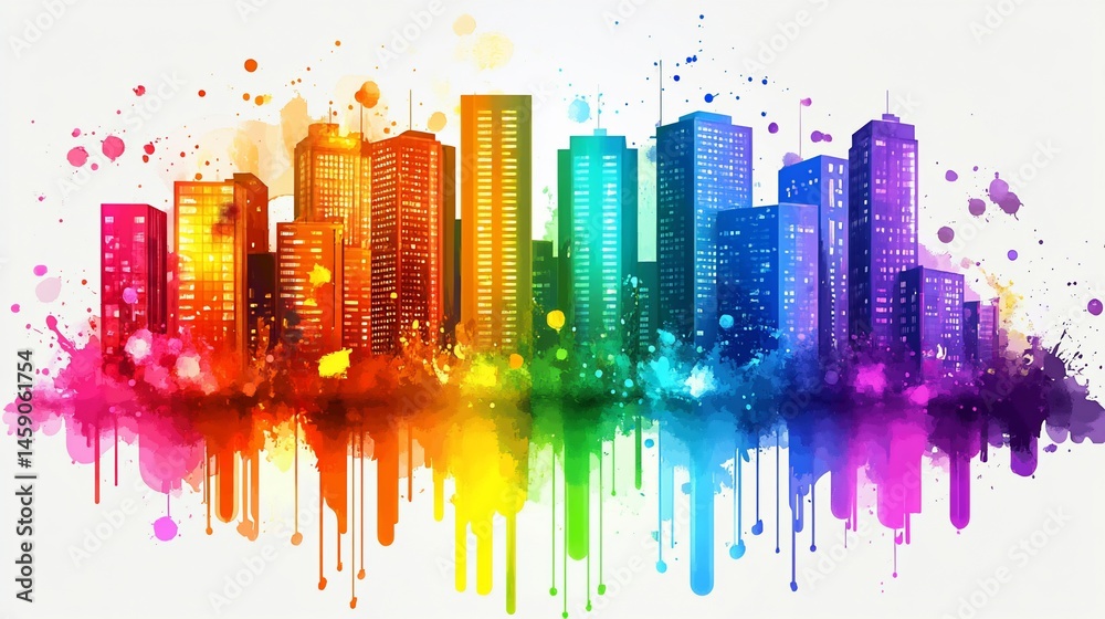 Obraz premium Vibrant cityscape watercolor painting with rainbow hues