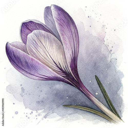  Watercolor illustration of a purple crocus flower with green leaves on a blurred background. For illustrations of spring, flowers, botany, greeting card design.